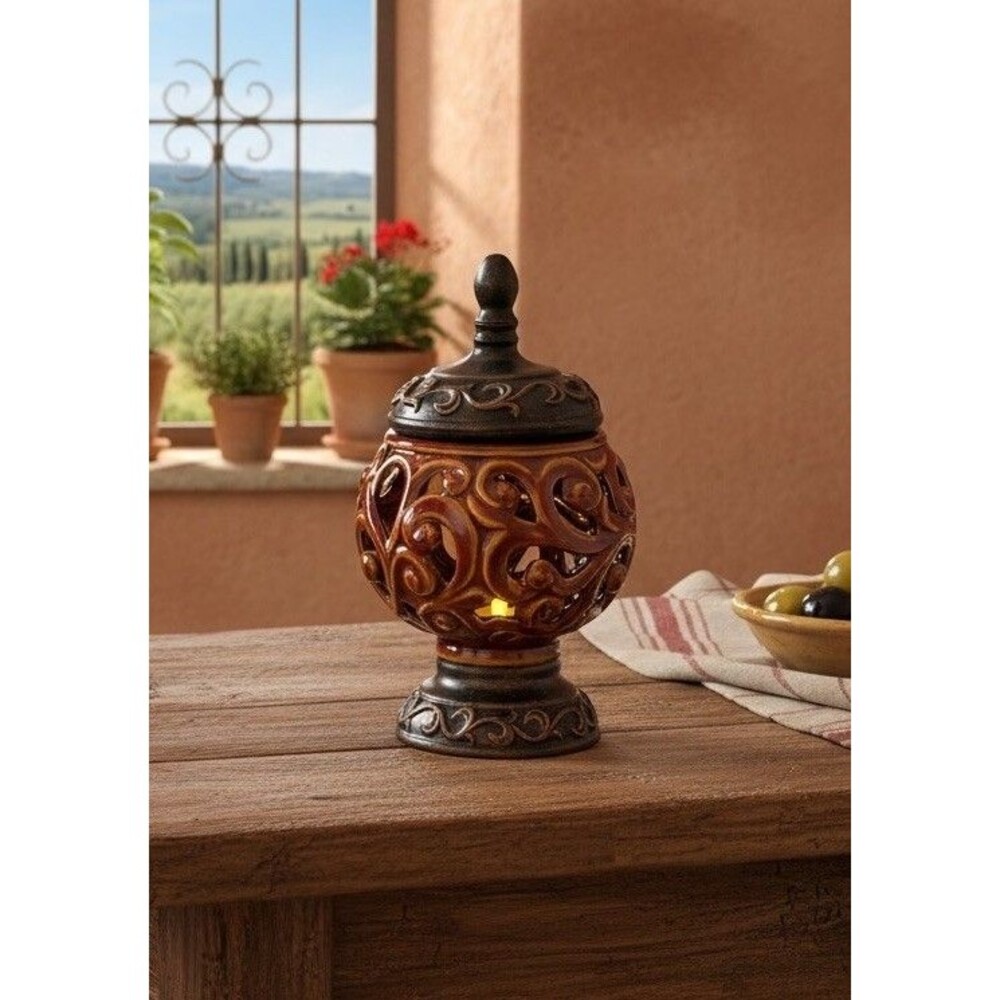 Pierced Potpourri Jar 9” Scroll Cutwork Candle Holder w/ Lid Decor Rustic Amber